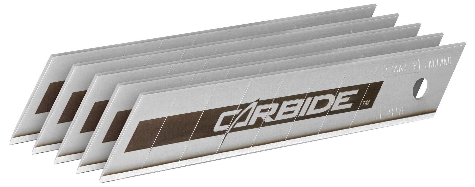 Ein Stapel von fünf trapezförmigen Ersatzklingen mit der Aufschrift 'CARBIDE', geeignet für Sicherheitsmesser.