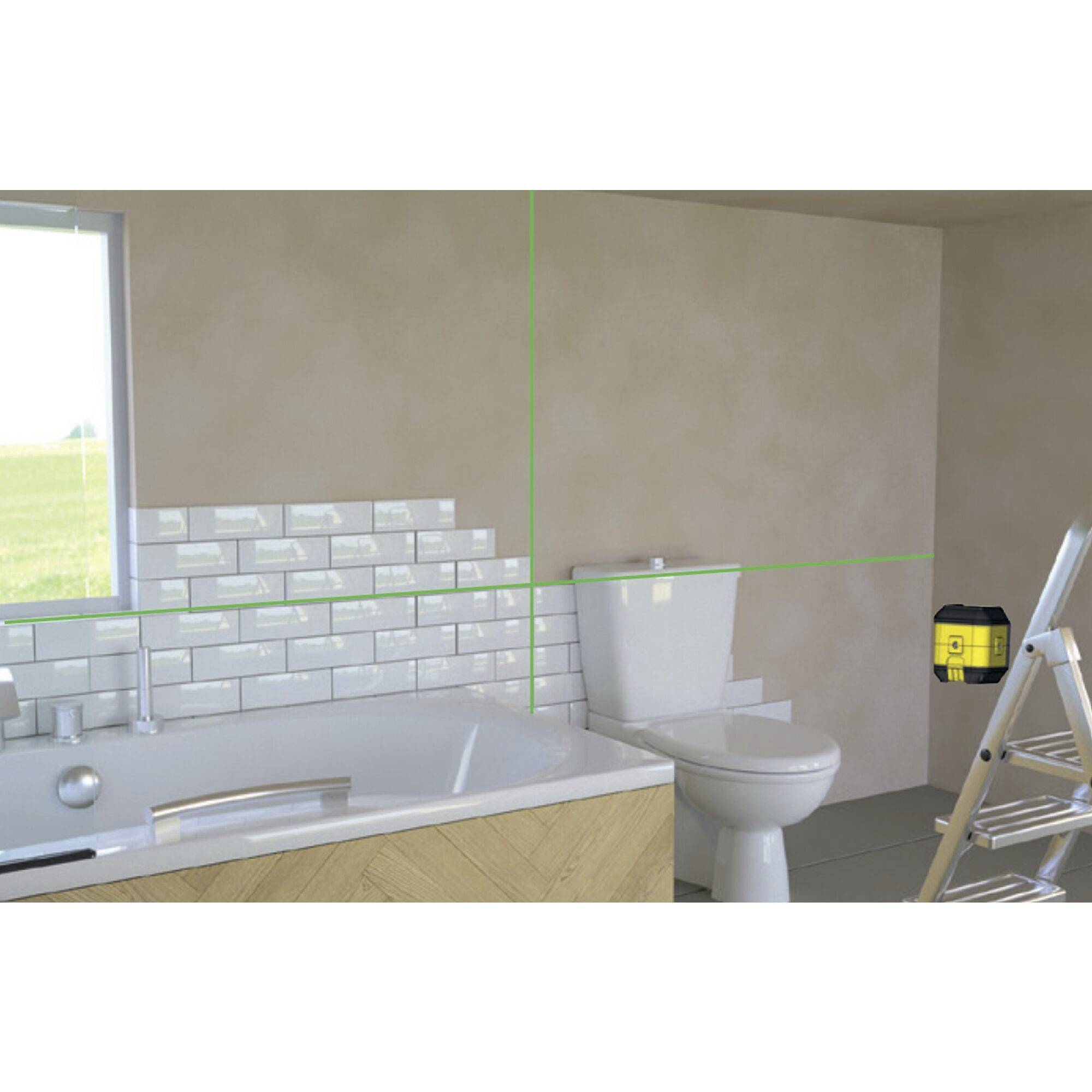 Badezimmer mit halbfertigen Fliesen an der Wand, Badewanne links, Toilette rechts, Leiter und Werkzeugkoffer auf dem Boden.