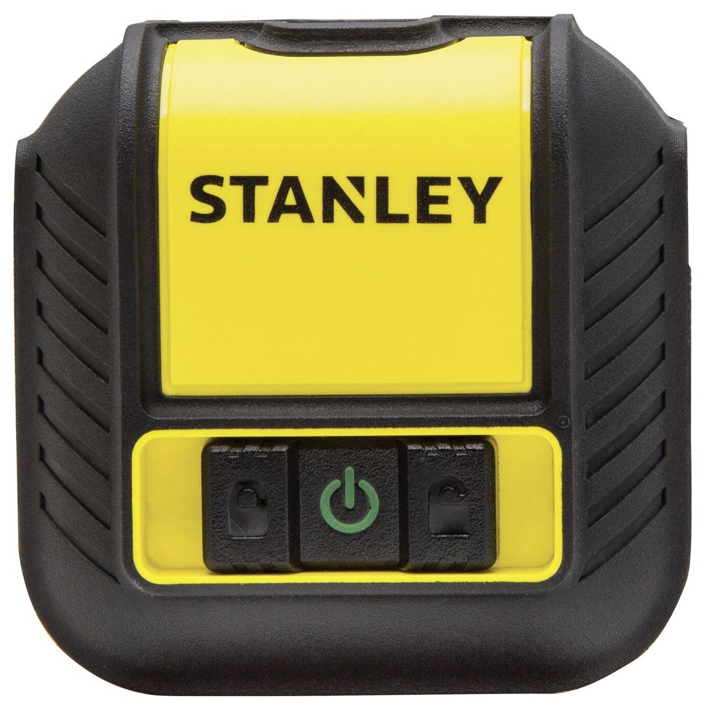 Level-Box von Stanley mit gelbem Gehäuse und zwei Schaltern auf der Vorderseite, darunter ein Ein-/Ausschalter.