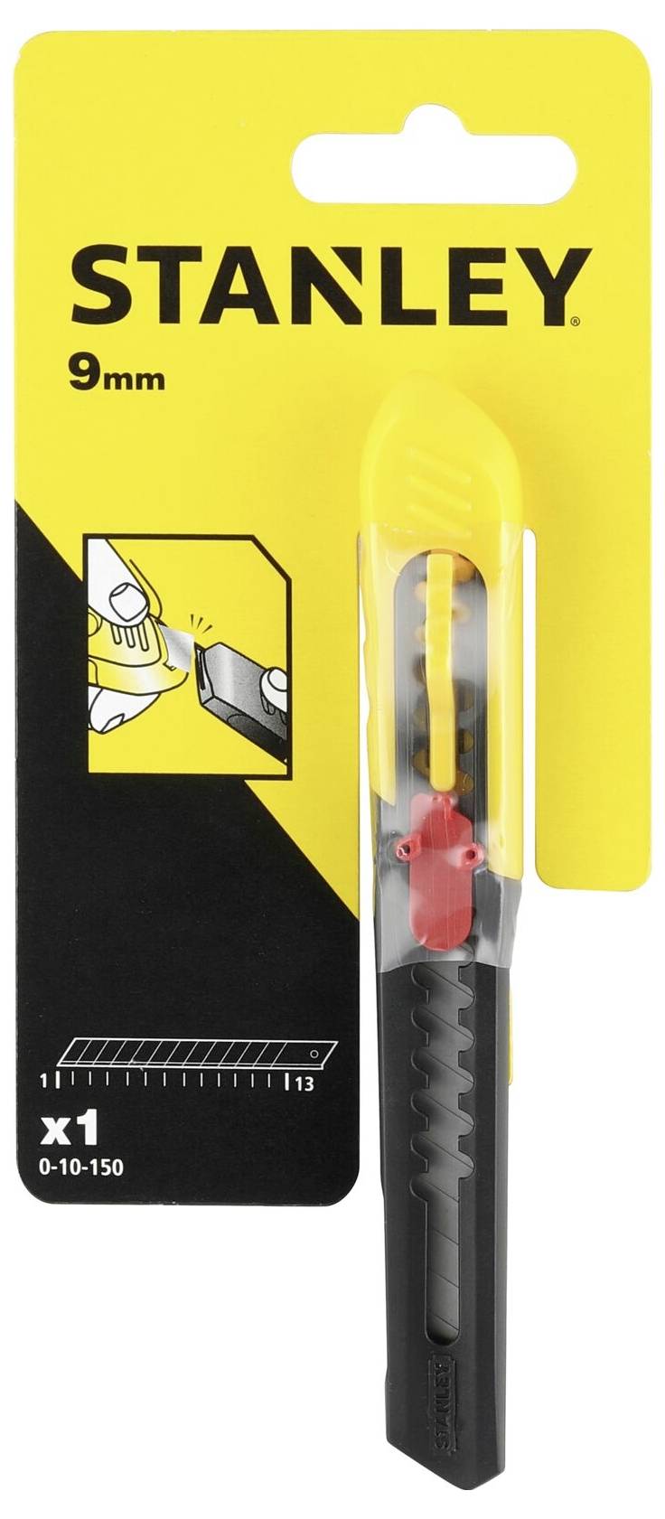 Ein gelber Stanley-Cutter mit 9 mm Klinge in einer Verpackung. Ein Diagramm zeigt die Klingenwechselanleitung.