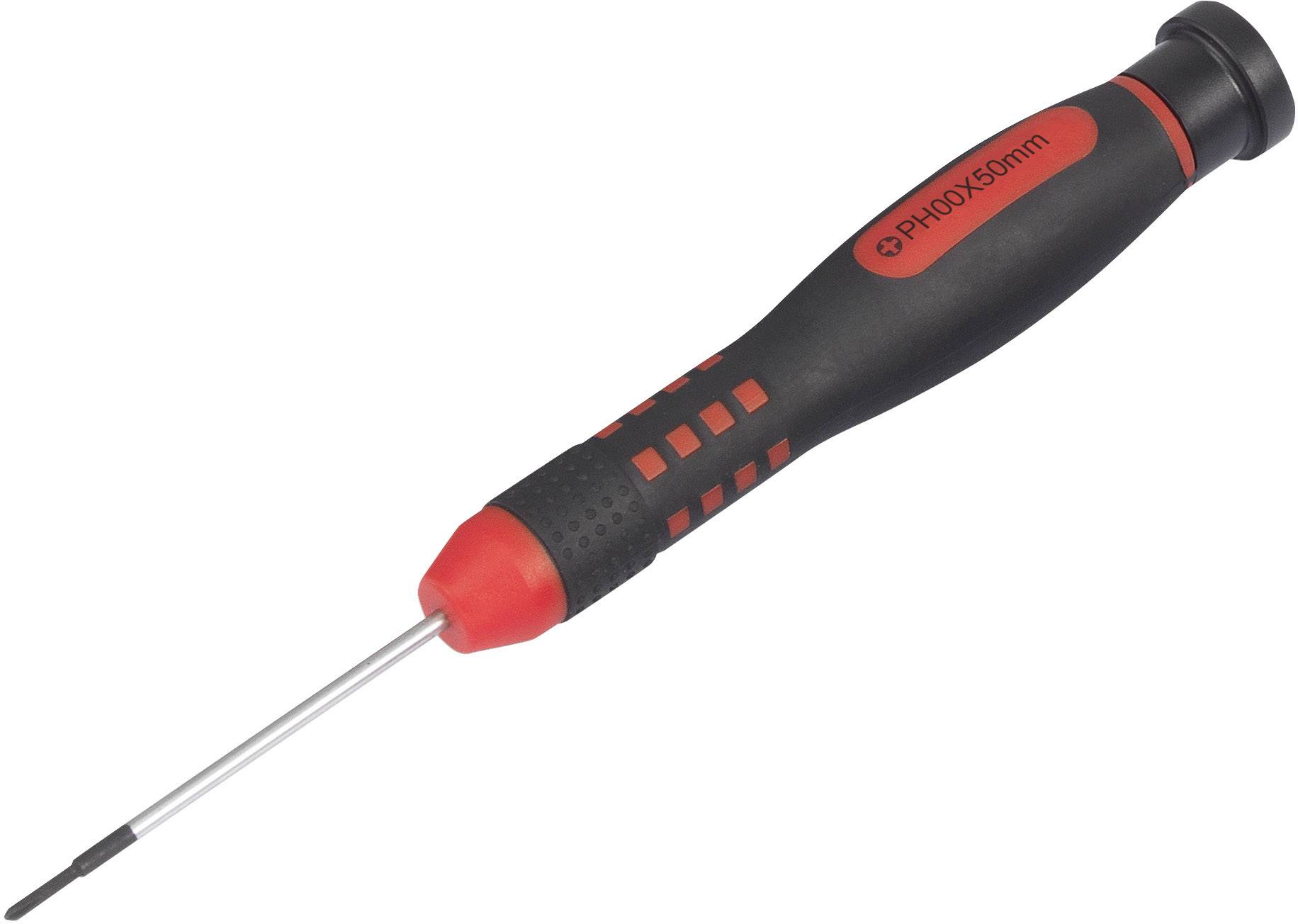 Schwarzer und roter Schraubendreher mit Feinmechanikgriff und Aufschrift 'Ph00x50mm' auf dem Griff. Geeignet für präzise Arbeiten.