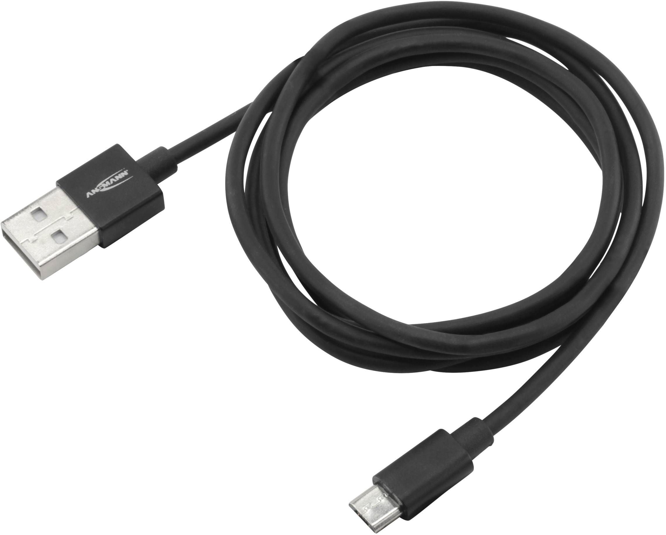 Schwarzes USB-Kabel mit einem USB-A-Stecker auf der einen Seite und einem Micro-USB-Stecker auf der anderen, auf weißem Hintergrund.