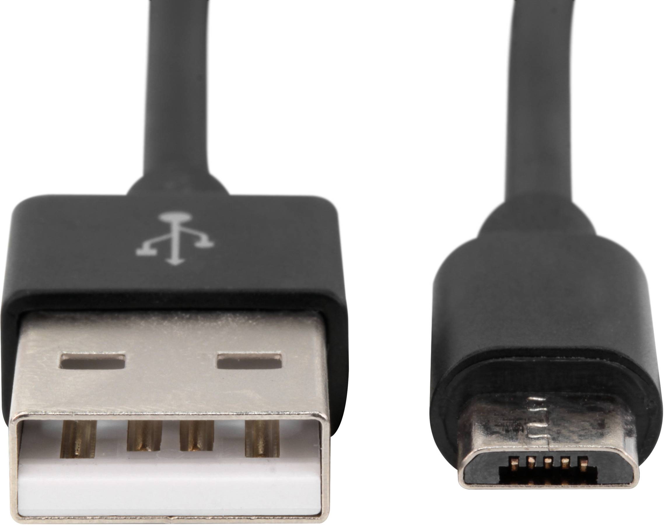 Schwarzes USB-Kabel mit Standard-USB-Stecker links und Micro-USB-Stecker rechts, vor weißem Hintergrund dargestellt.