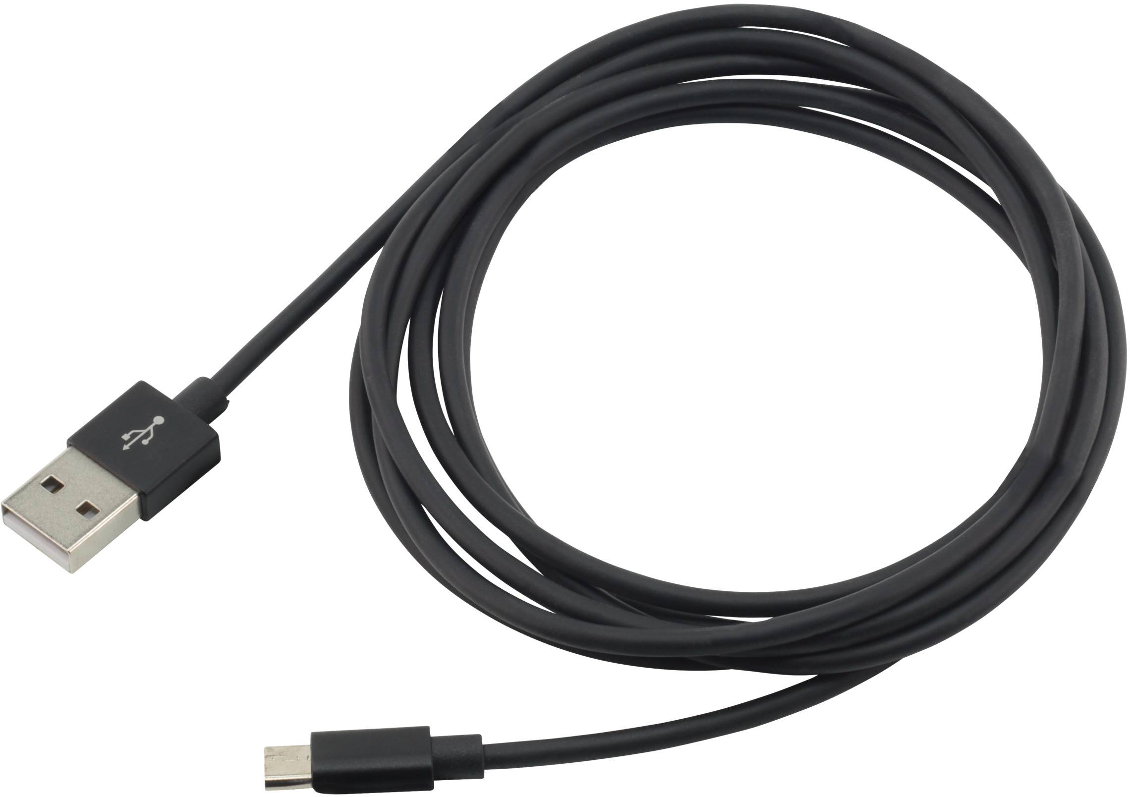 Ein schwarzes USB-Kabel mit USB-A- und Micro-USB-Steckern, geeignet zum Aufladen oder Datenübertragung zwischen Geräten.