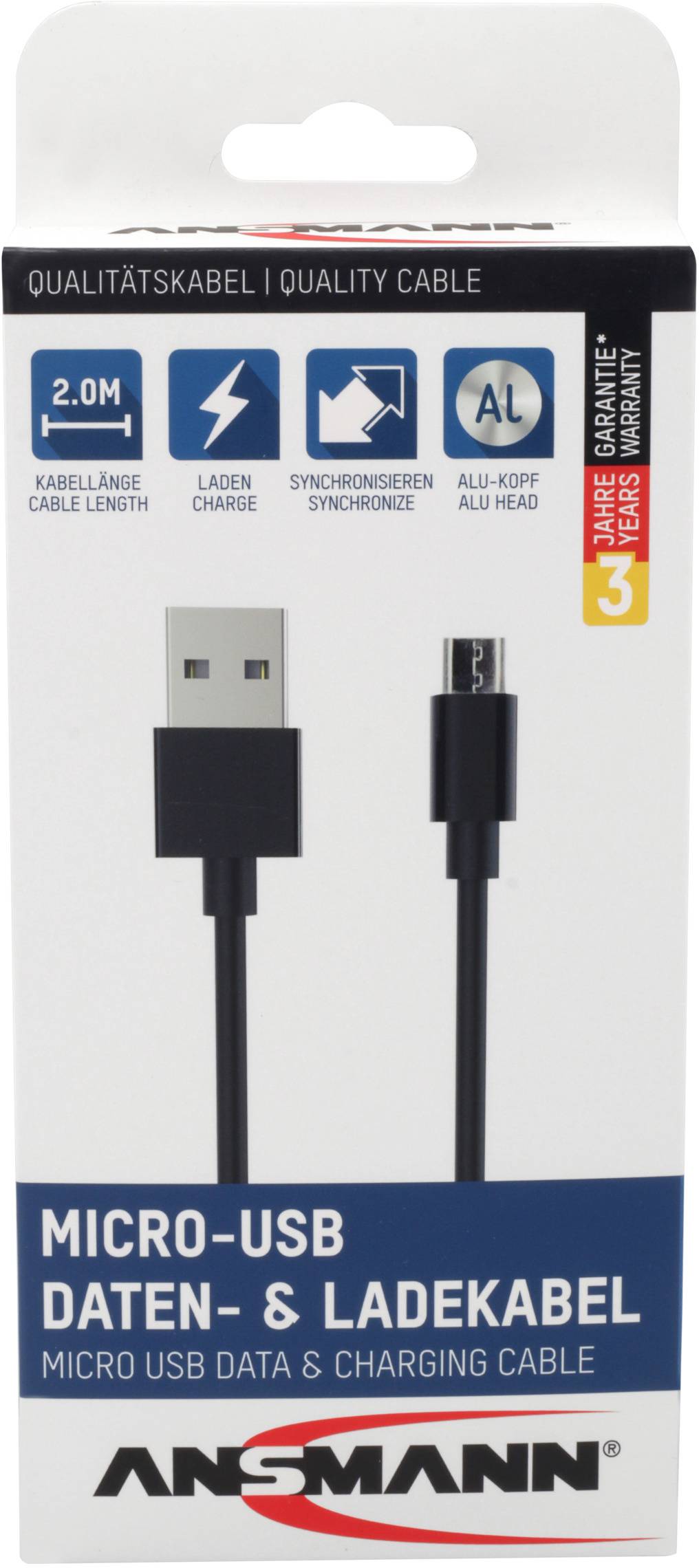 'Ansmann Micro-USB Daten- & Ladekabel' Verpackung, zeigt Kabel mit USB- und Micro-USB-Anschlüssen, 2m Länge.