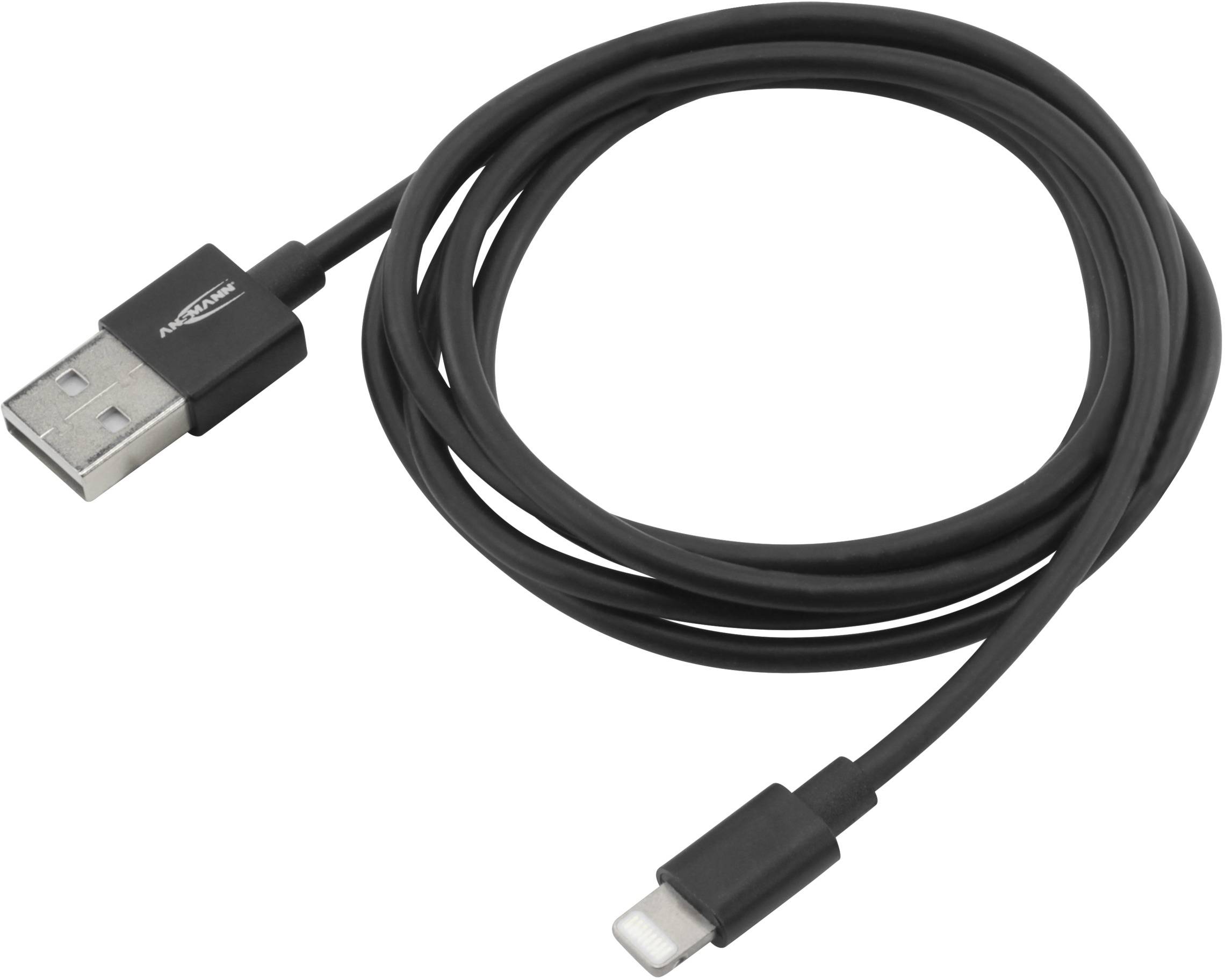 Schwarzes USB-Ladekabel mit einem Standard-USB-Stecker auf der einen Seite und einem Lightning-Stecker auf der anderen.