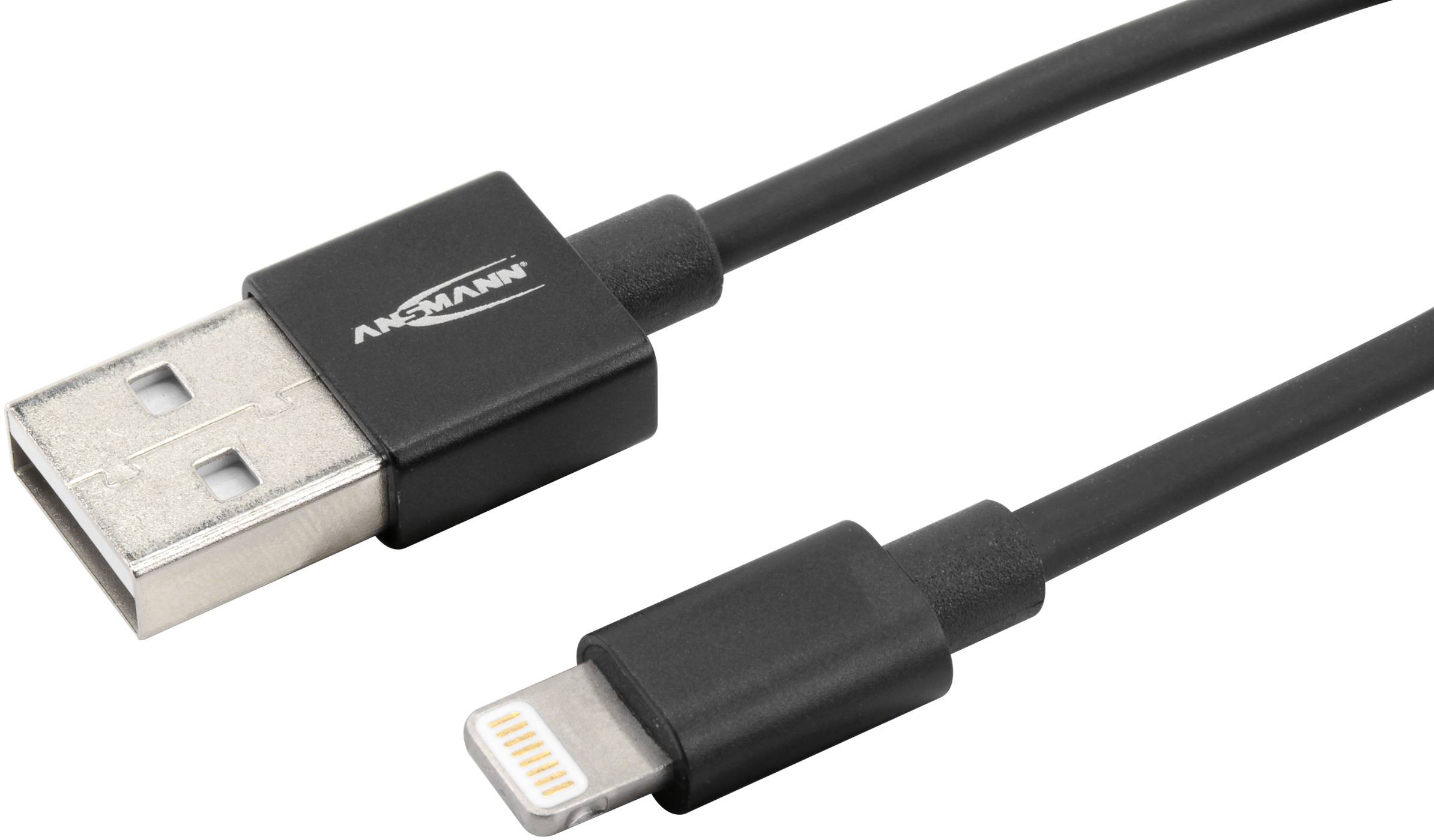 USB-Kabel mit einem USB-Stecker links und einem Lightning-Stecker rechts.