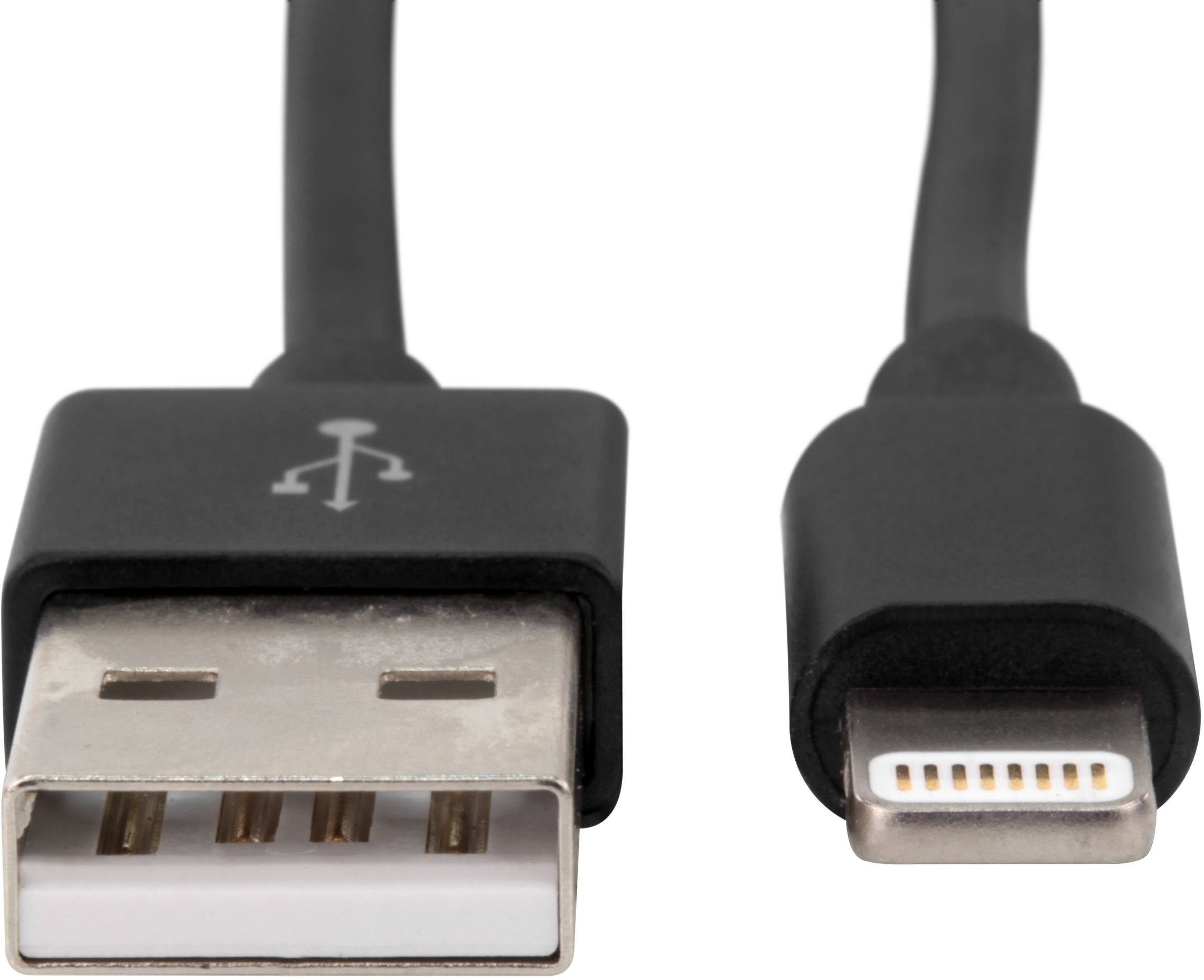 USB-A-zu-Lightning-Kabel mit schwarzer Ummantelung, zeigt die beiden Anschlüsse. Verwendet zum Aufladen von Apple-Geräten.