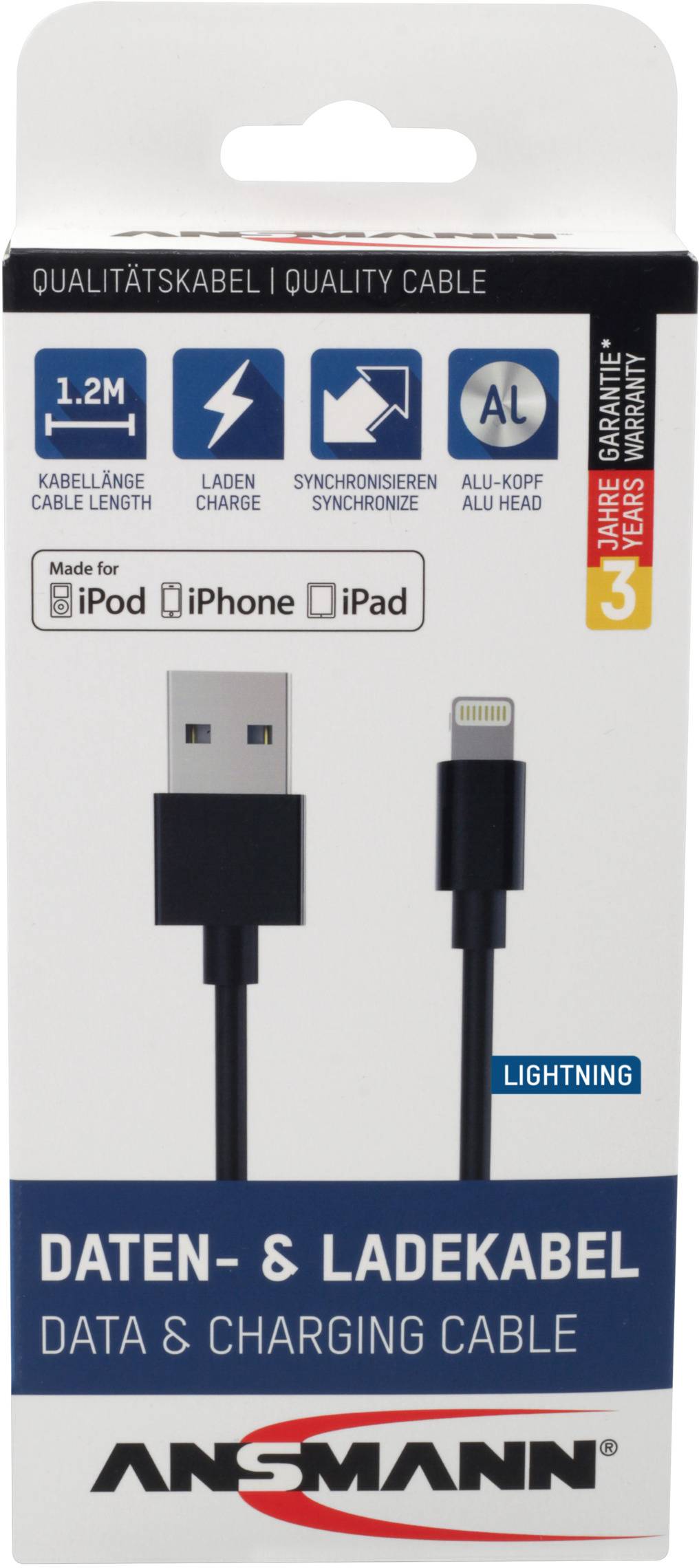 Verpackung eines Daten- und Ladekabels für Apple-Geräte. Länge 1,2 Meter, Aluminiumkopf, 3 Jahre Garantie. Kompatibel mit iPod, iPhone, iPad.