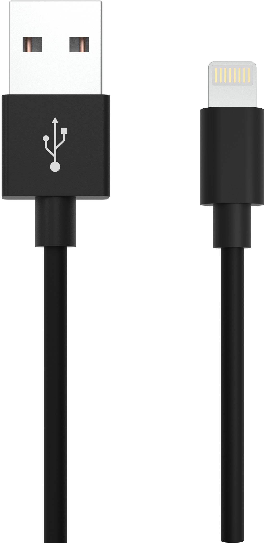 Schwarzes USB-zu-Lightning-Kabel für Datenübertragung oder Laden von Apple-Geräten.