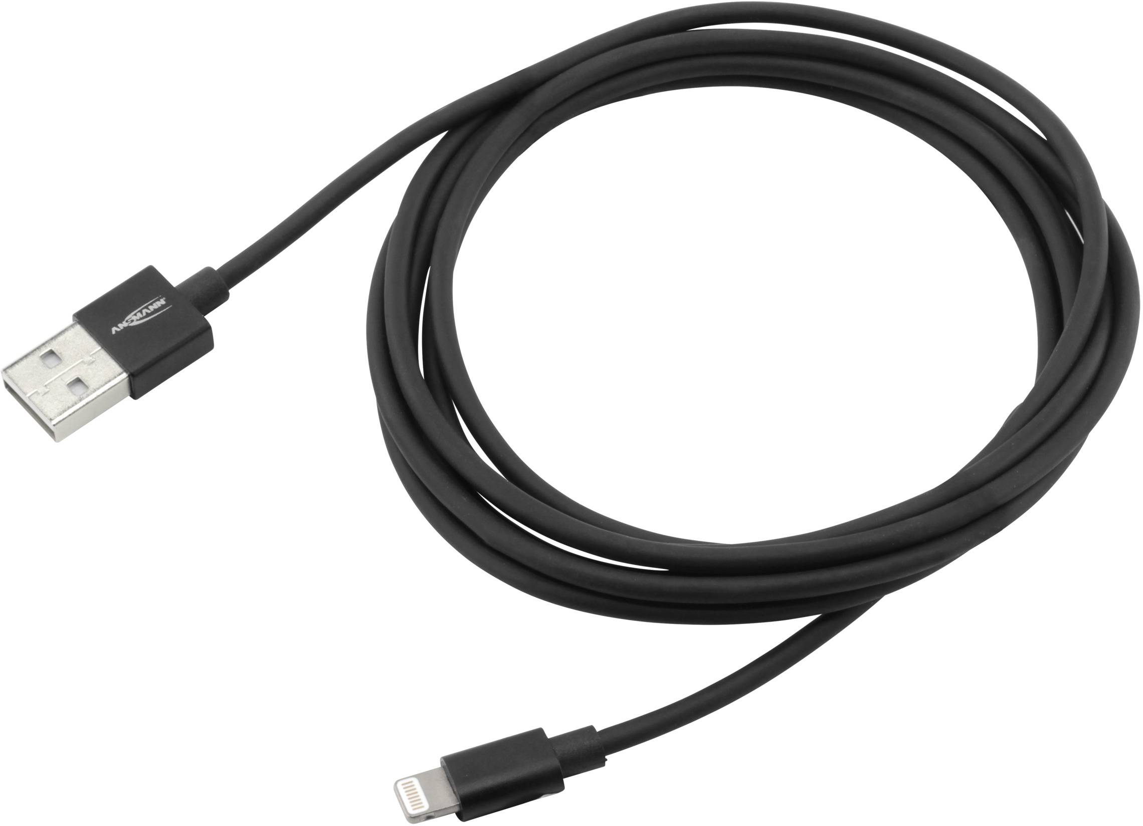 Ein schwarzes USB-Kabel mit einem Standard-USB-Anschluss und einem Lightning-Anschluss, geeignet für Lade- und Datenübertragung.