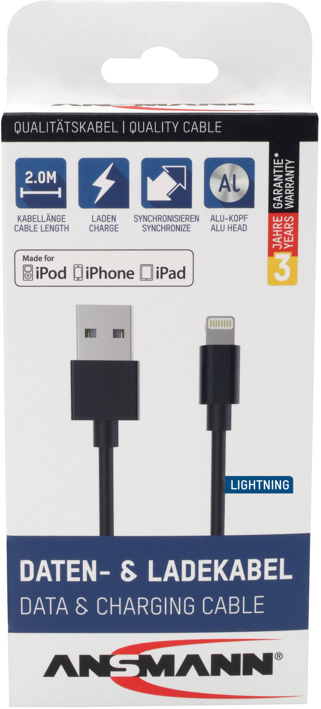 Verpackung für ein Ansmann Daten- und Ladekabel. Kompatibel mit iPod, iPhone, iPad. Länge 2m. Enthält 3 Jahre Garantie.