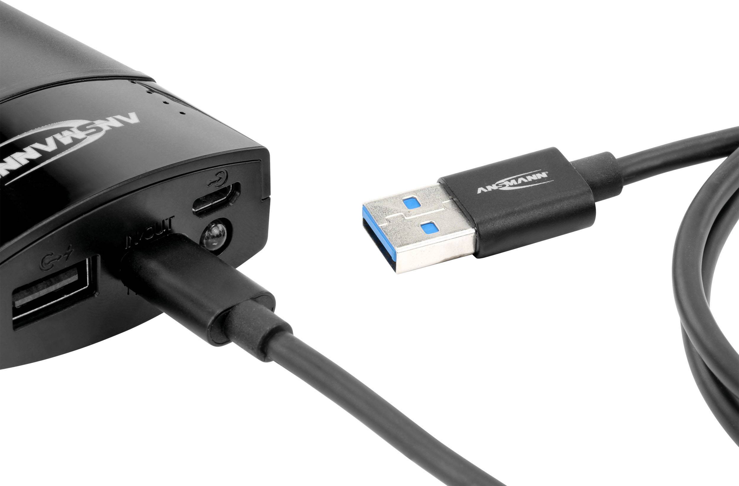 Ein schwarzes Gerät mit zwei USB-Anschlüssen und einem Micro-USB-Anschluss, daneben ein USB-Kabel mit blauem Anschluss.
