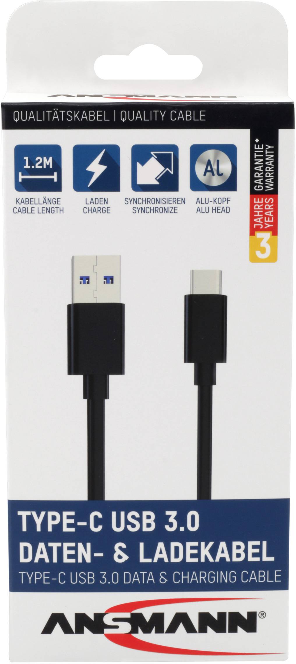 'Type-C USB 3.0 Daten- und Ladekabel' 1,2 m Länge, Transfer, Laden, Synchronisieren. Verpackung zeigt ein Kabel mit USB-C- und USB-Stecker.