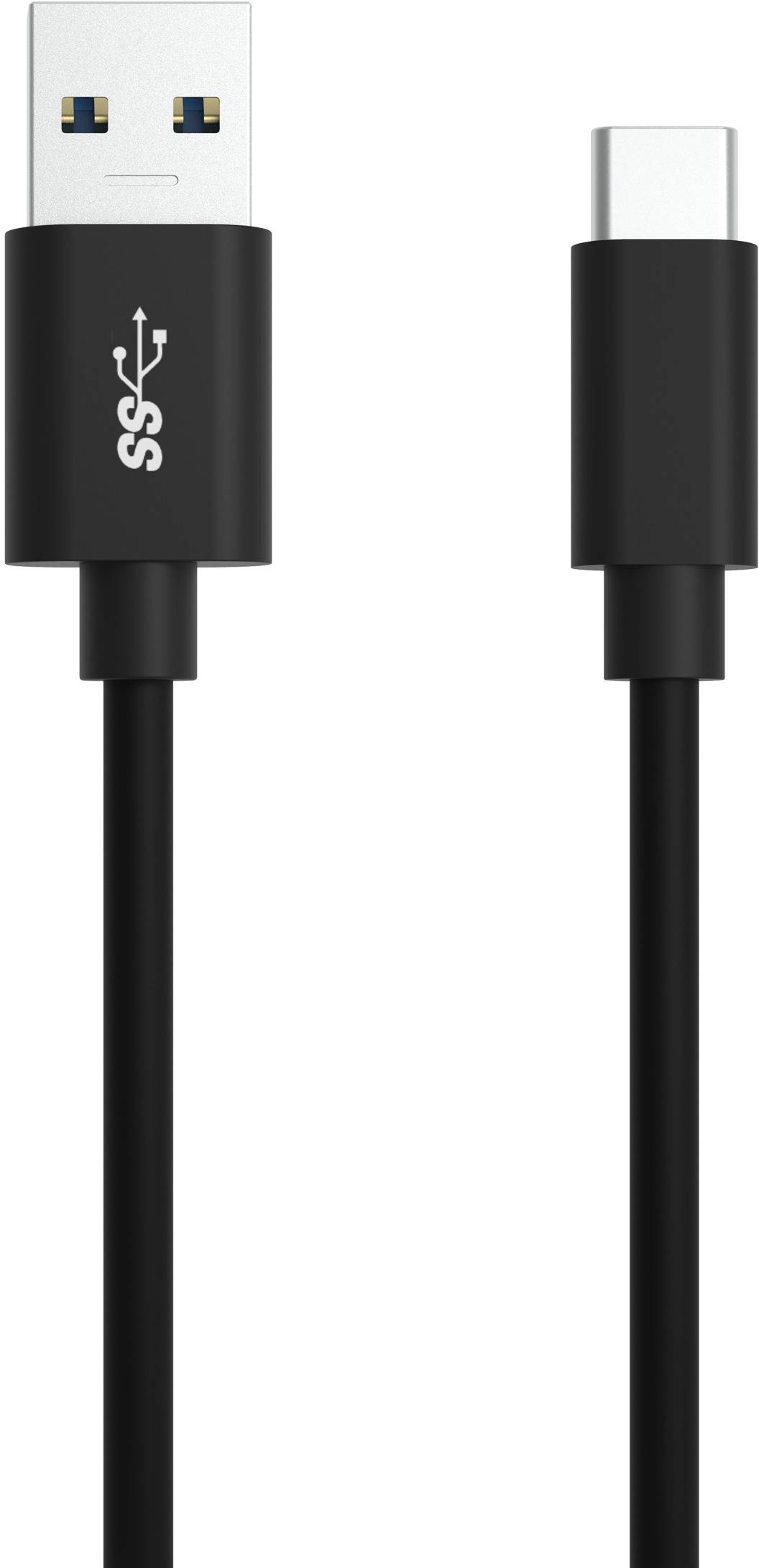 Ein schwarzes USB-Kabel mit USB-A auf USB-C-Anschluss, geeignet für Datenübertragung und Laden von Geräten.