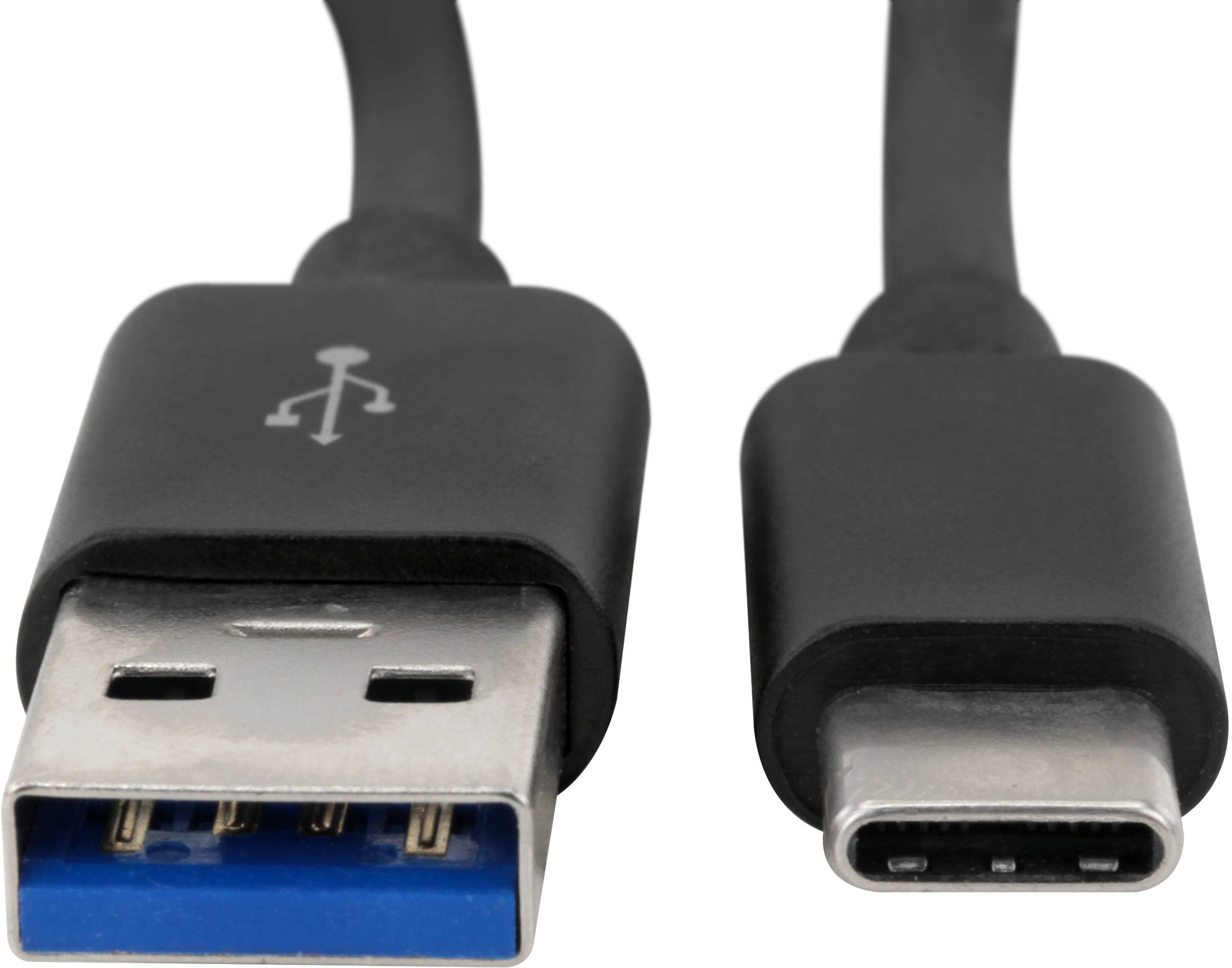 Zwei USB-Kabel, links ein USB-A-Stecker mit blauem Inneren, rechts ein kleinerer USB-C-Stecker. Beide sind schwarz.