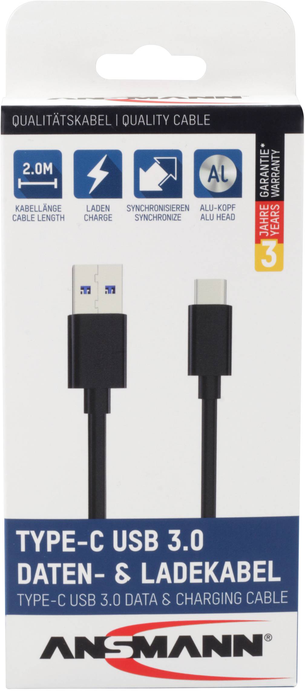 Verpackung eines Ansmann USB 3.0 Typ-C Daten- und Ladekabels, 2 Meter Länge, kompatibel mit Lade- und Synchronisationsfunktionen.