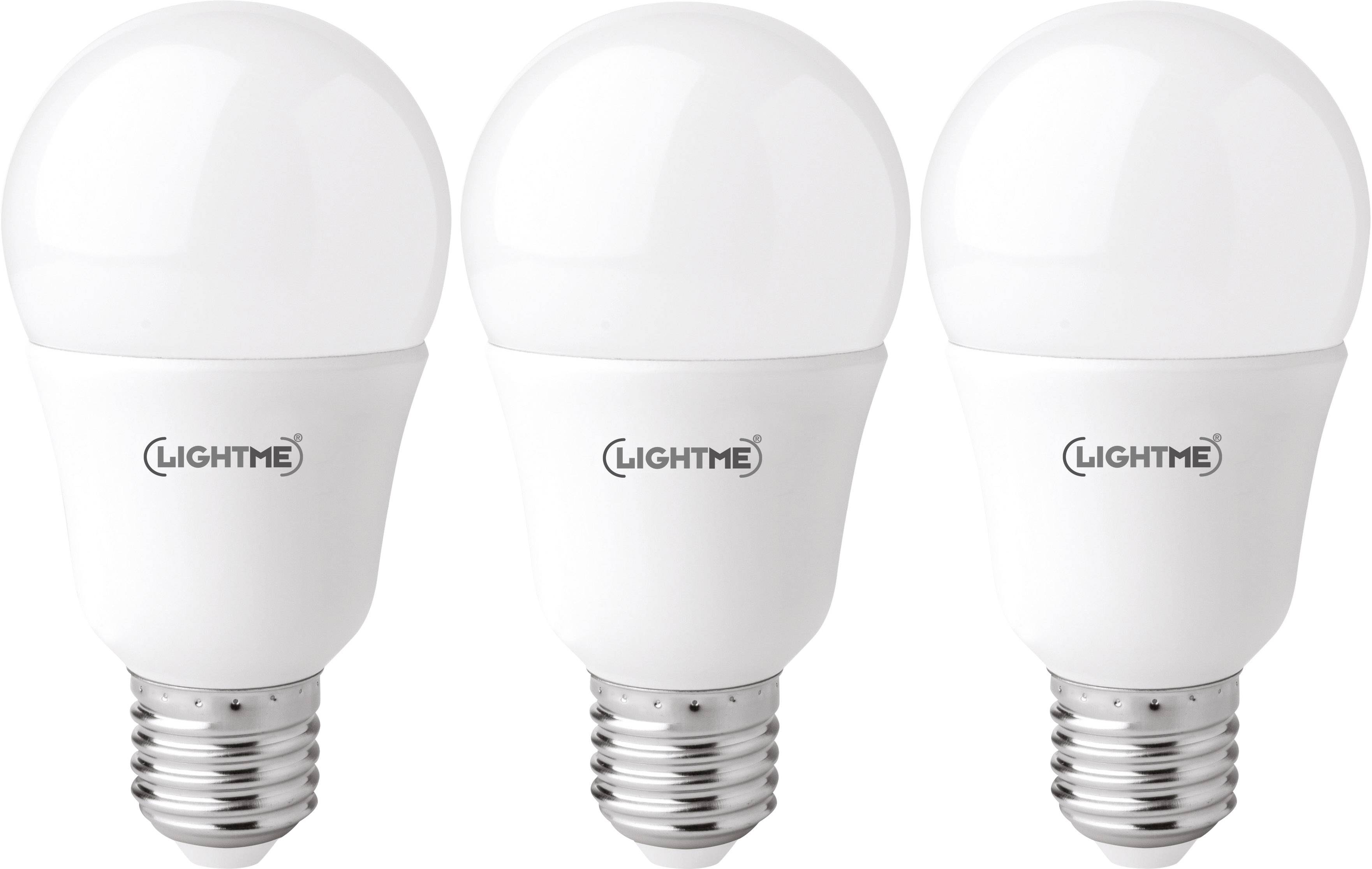 Drei weiße LED-Glühbirnen mit Schraubsockel, der Marke 'Lightme', nebeneinander aufgereiht.
