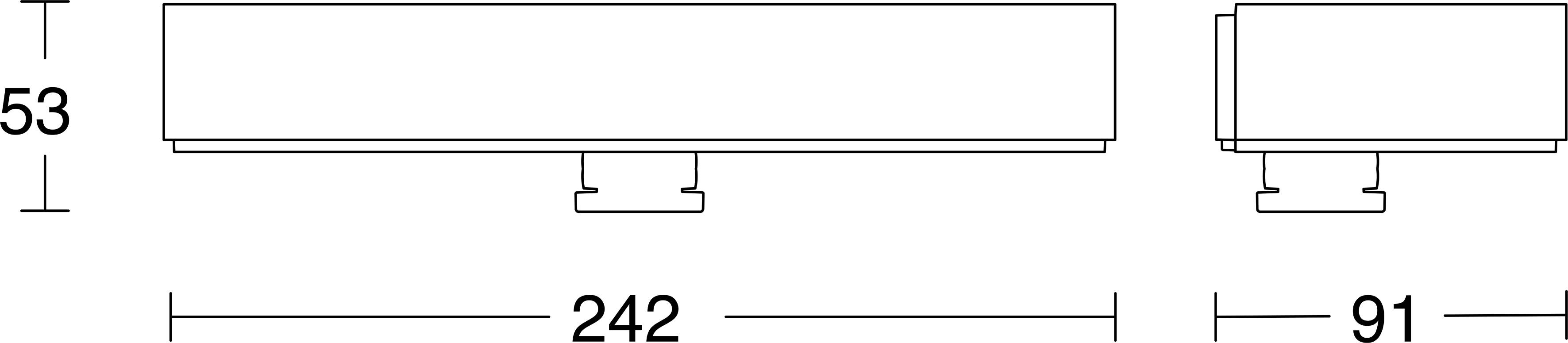 Bemessete Seiten- und Vorderansicht eines rechteckigen Geräts: 242 mm breit und 53 mm hoch, mit einer auf der rechten Seite angegebenen Tiefe von 91 mm.