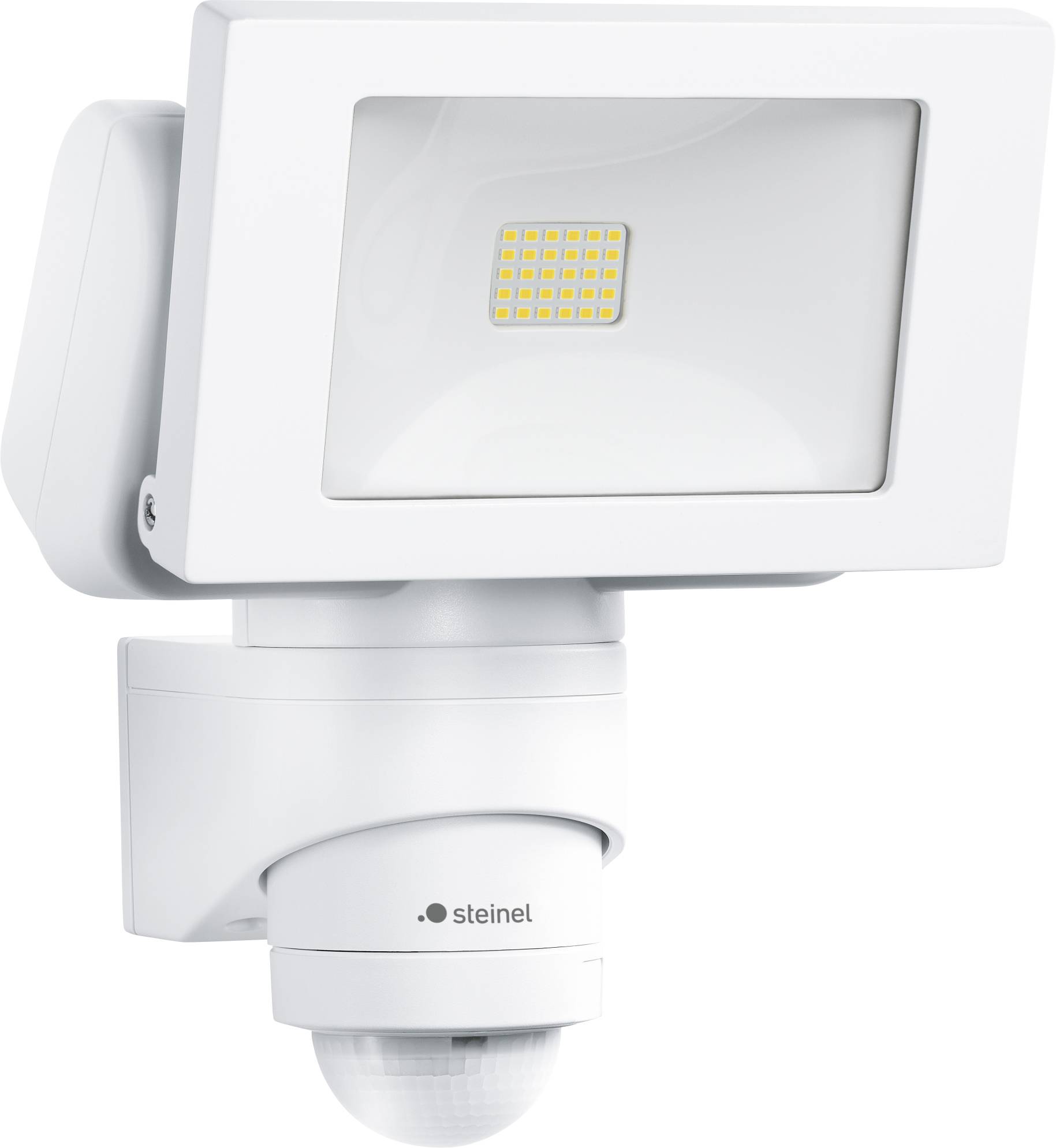 Weiße LED-Sicherheitsflutlichter mit Bewegungsmelder auf einer Wandhalterung, gezeigt auf einem einfachen weißen Hintergrund.