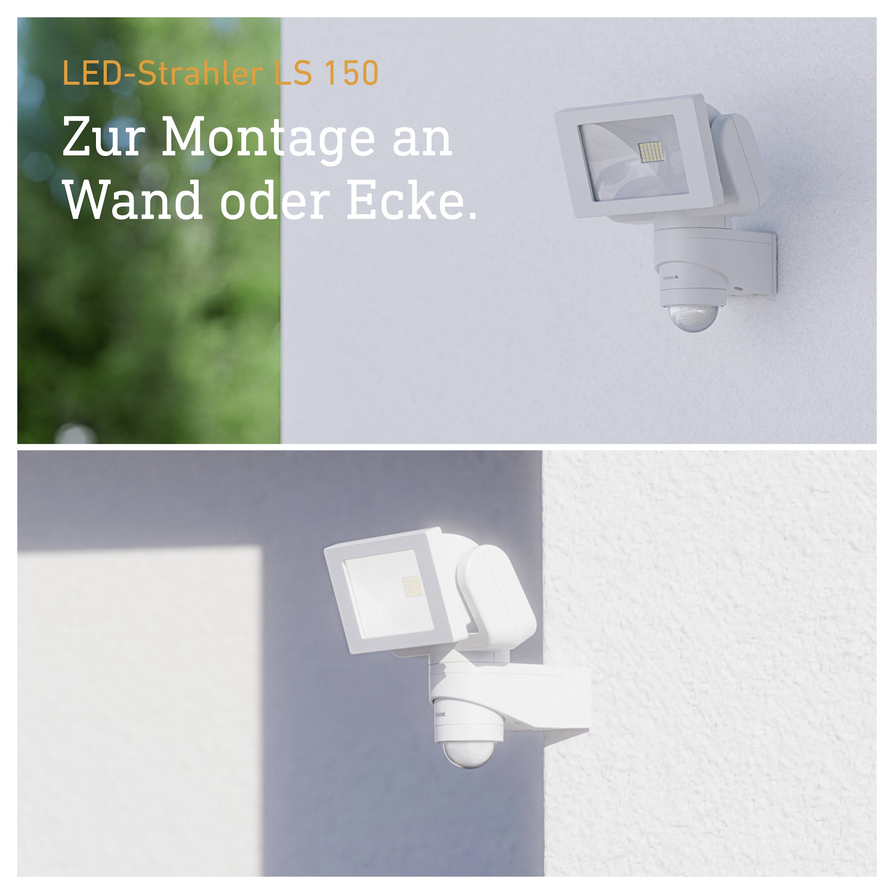 LED-Strahler LS 150 zur Montage an Wand oder Ecke, abgebildet in zwei Ansichten an einer weißen Wand.