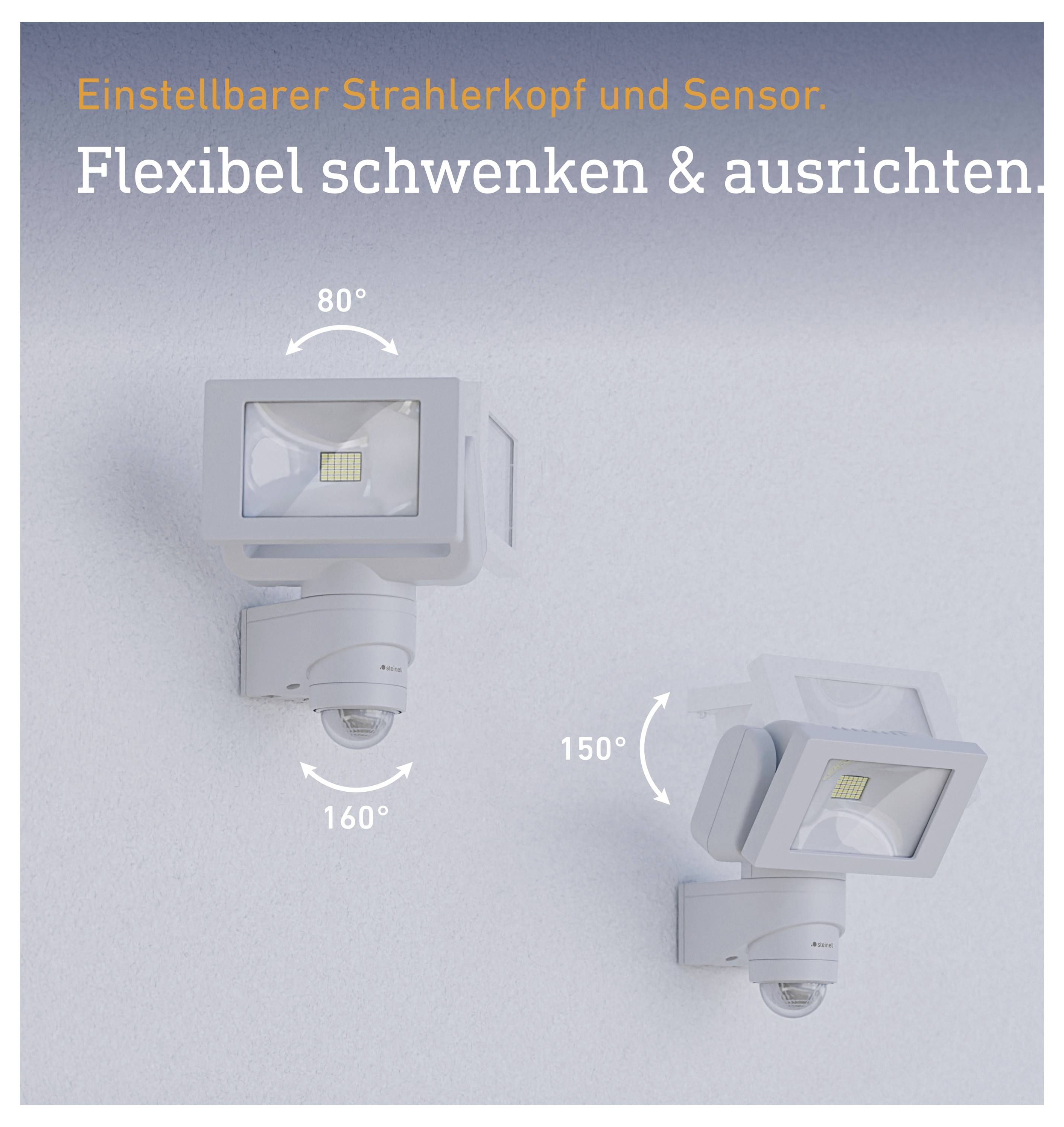 Beweglicher LED-Strahler mit Sensor: 'Einstellbarer Strahlerkopf und Sensor', flexibel schwenk- und ausrichtbar, mit 80°, 150° und 160° Verstellwinkeln.
