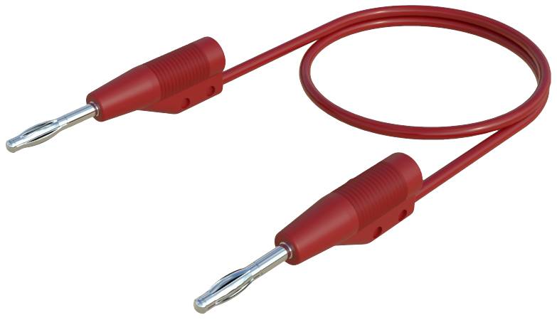 Rotes Bananenstecker-Kabel mit zwei Metallanschlüssen, verwendet für elektrische Verbindungen und Testgeräte.