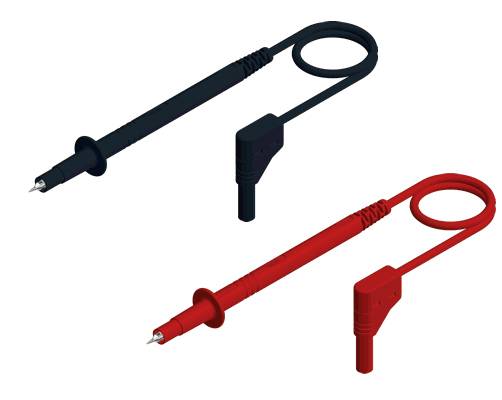 Zwei isolierte Prüfspitzen mit scharfen Spitzen und angebrachten Erdungsklemmen, eine schwarze und eine rote, auf weißem Hintergrund dargestellt.