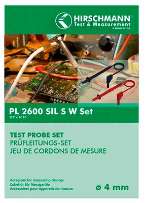 Produktverpackung für Hirschmann Test & Measurement 'PL 2600 SIL S W Set' Messspitzensatz mit Bildern von Messleitungen und Leiterplatte, gekennzeichnet mit 'ø 4 mm'.