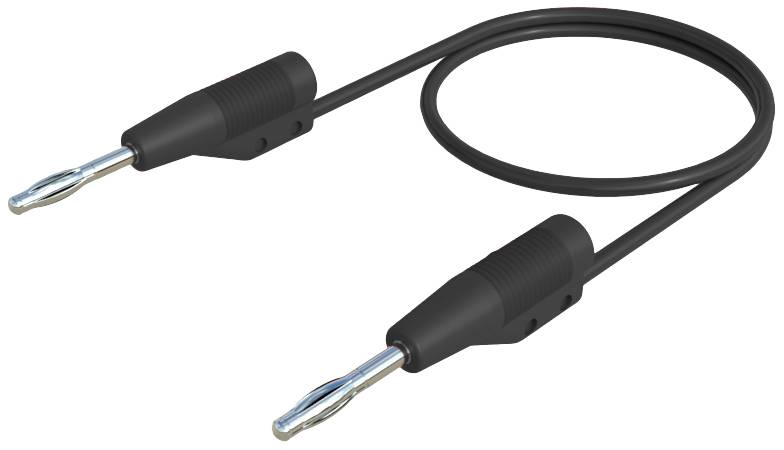 Ein schwarzes Lautsprecherkabel mit Bananensteckern an beiden Enden, geeignet zum Anschluss von Lautsprechern an Verstärker.