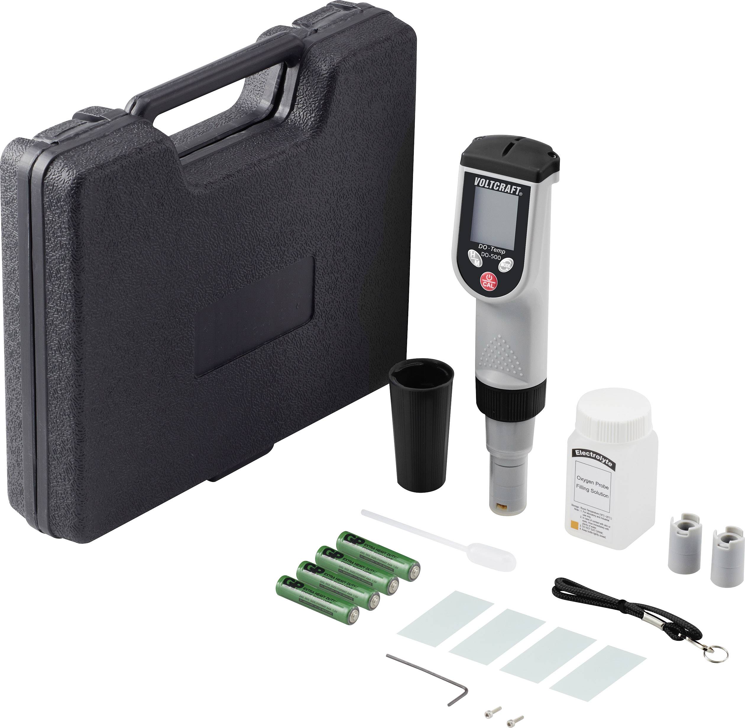Digitale pH-Messgerät-Kit mit Messgerät, Koffer, Batterien, Elektrolytpulver, Kalibrierlösungen, Pipette, Schraubenschlüssel und Anleitungen.