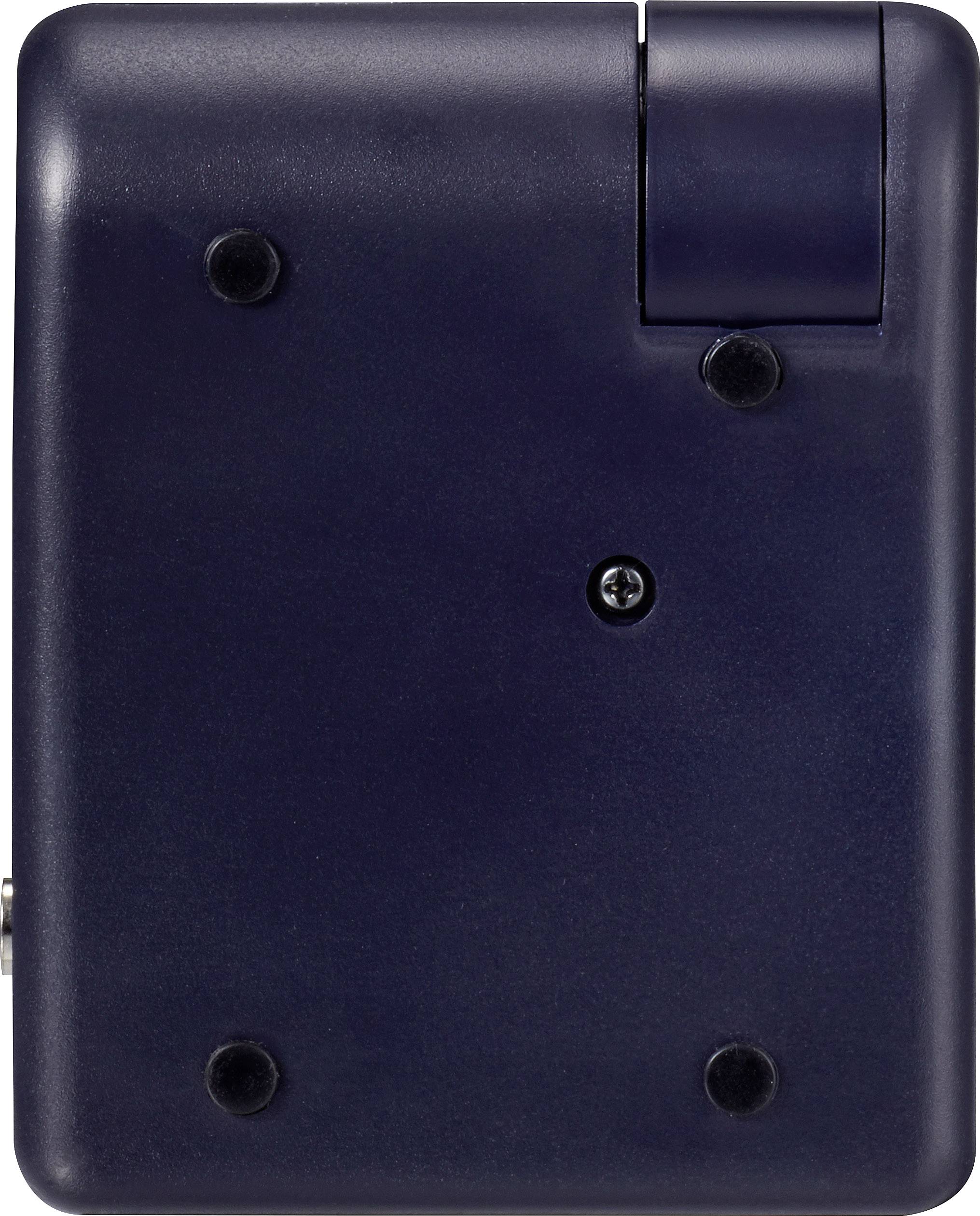 Schwarzes, rechteckiges Gerät mit abgerundeten Ecken, einer Schraube in der Mitte und einer beweglichen Lasche oben rechts, möglicherweise ein elektronisches Gehäuse.