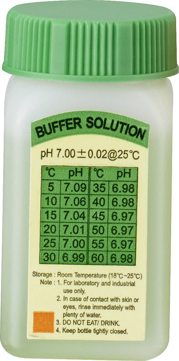 Grüne Kunststoffflasche mit Etikett 'BUFFER SOLUTION'. Zeigt pH-Wert 7,00±0,02@25°C mit farbcodiertem pH-Diagramm und Lagerhinweisen.
