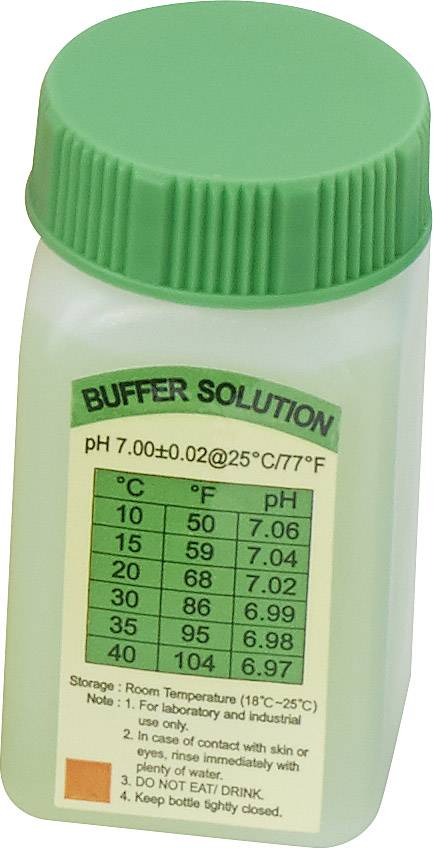 Pufferlösung-Flasche mit grünem Deckel. Etikett zeigt pH-Wert von 7.00 bei 25°C. Tabelle mit Temperatur und pH-Werten. Warnhinweise: nicht essen oder trinken.