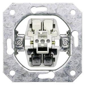 Metallsockel mit einem elektrischen Schalter, der für die Montage an einer Wand vorgesehen ist. Zwei weiße Tasten und Schraubanschlüsse sichtbar.