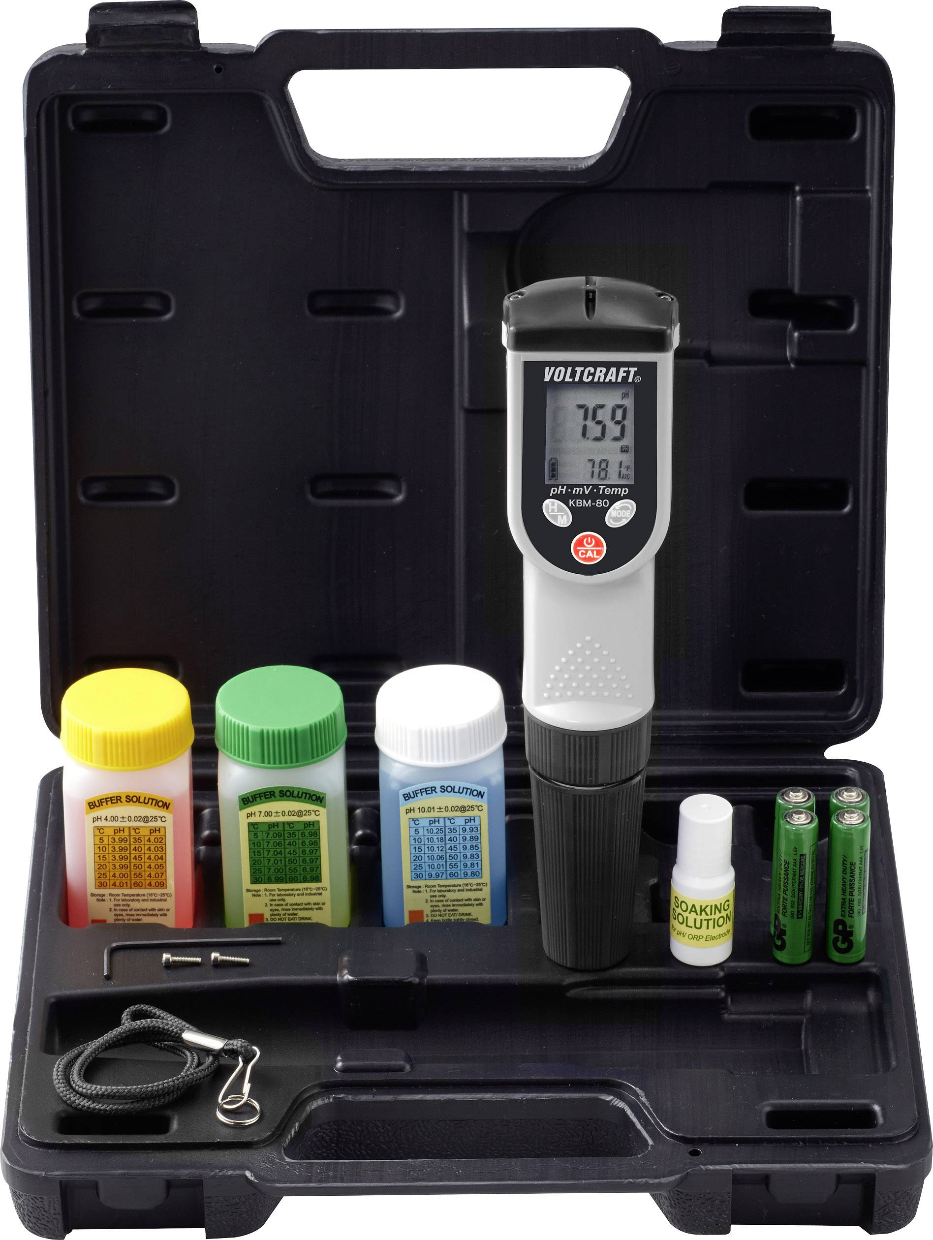 Testkit für Wasserqualität mit digitalem Messgerät, drei Flaschen Chemikalien, zwei Batterien, Schraubenzieher und Zubehör in einem Koffer.