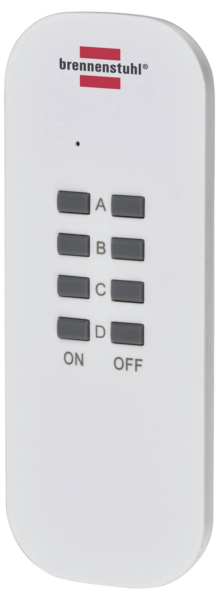 Weiße Brennenstuhl Fernbedienung mit vier Tasten mit den Beschriftungen A, B, C und D und ON/OFF-Text am unteren Ende.
