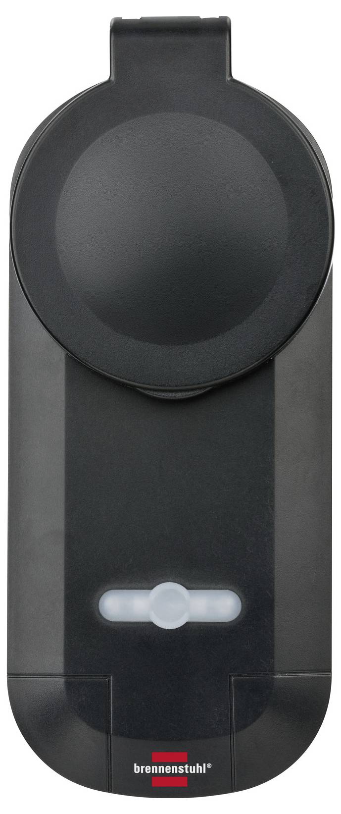 Schwarze Brennenstuhl-Kabeltrommel oder Kabelhalter mit einem kleinen beleuchteten Indikator in der Nähe des unteren Endes.