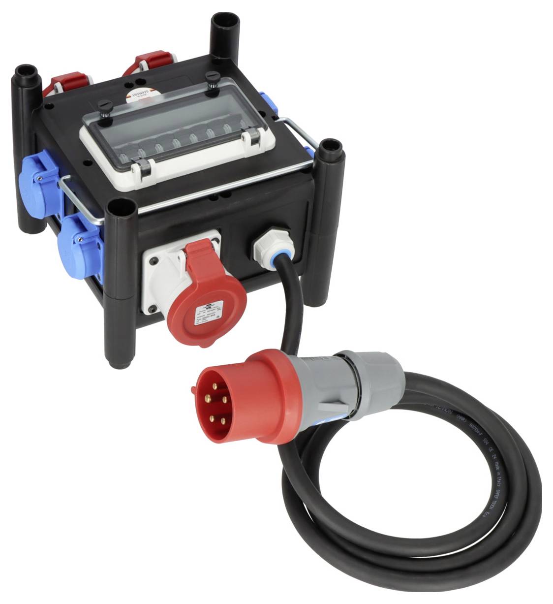 Tragbare elektrische Stromverteilungsbox mit durchsichtigem Deckel, mehreren Steckdosen und angebrachtem rotem Industrie-Stecker und Kabel