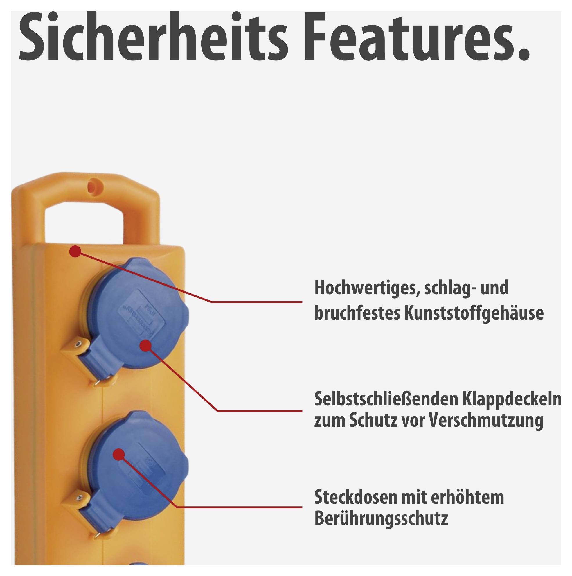 Abbildung eines orangefarbenen Steckdosenblocks mit blauen Klappdeckeln; hervorgehobene Sicherheitsfeatures: robustes Kunststoffgehäuse, selbstschließende Deckel, erhöhter Berührungsschutz.