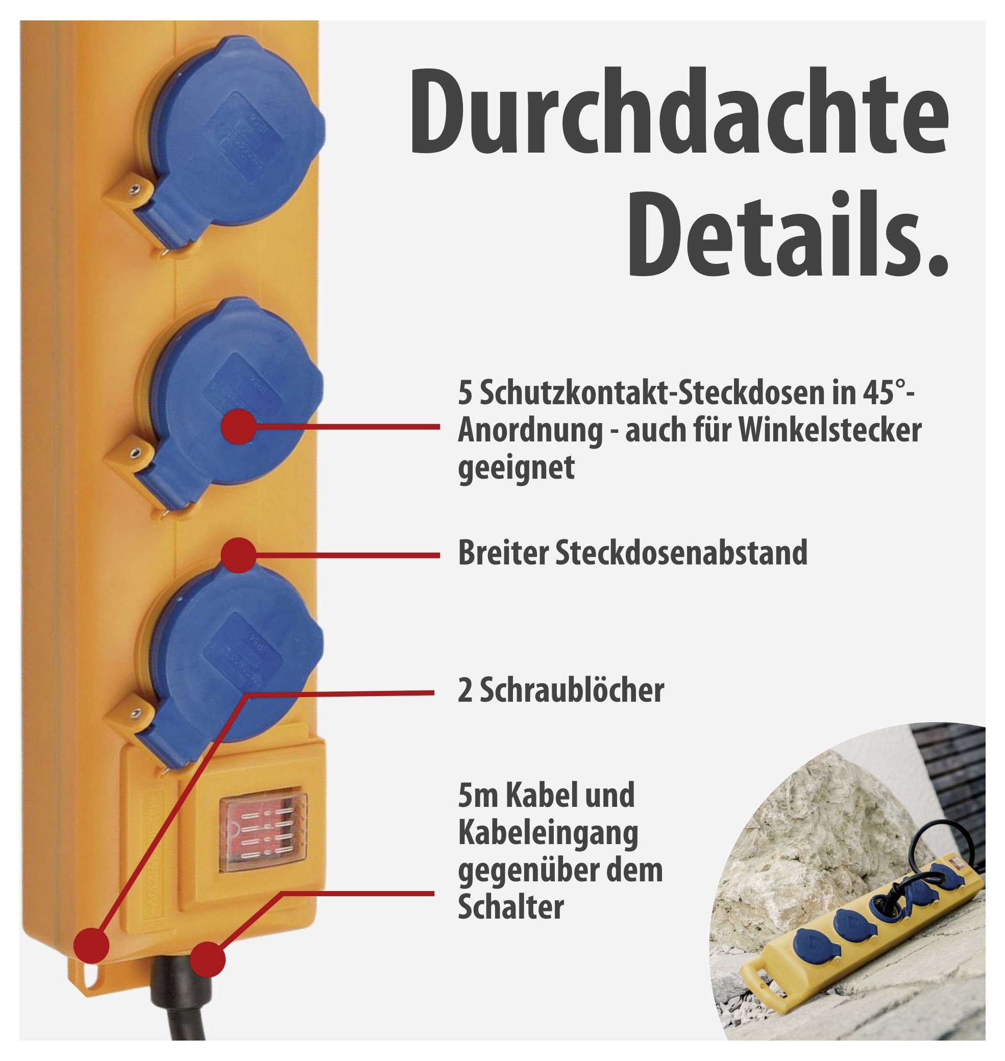 Werbegrafik einer gelben Steckdosenleiste mit blauen Schutzkontakt-Steckdosen; hebt 45°-Anordnung, breiten Abstand, Schraublöcher sowie 5 m Kabel und Kabeleingang hervor.