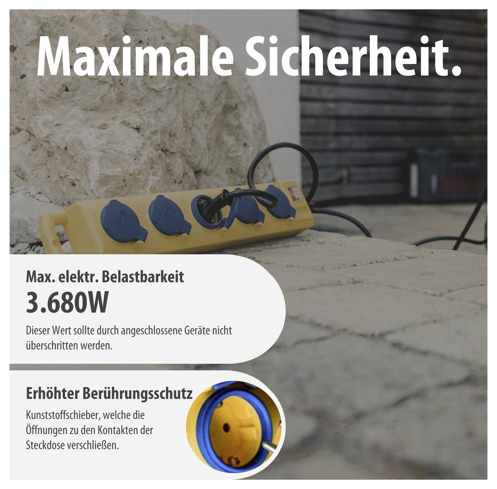 Infografik zu einer Steckdosenleiste: 'Maximale Sicherheit', max. elektrische Belastbarkeit 3.680 W und erhöhter Berührungsschutz durch Kunststoffschieber.