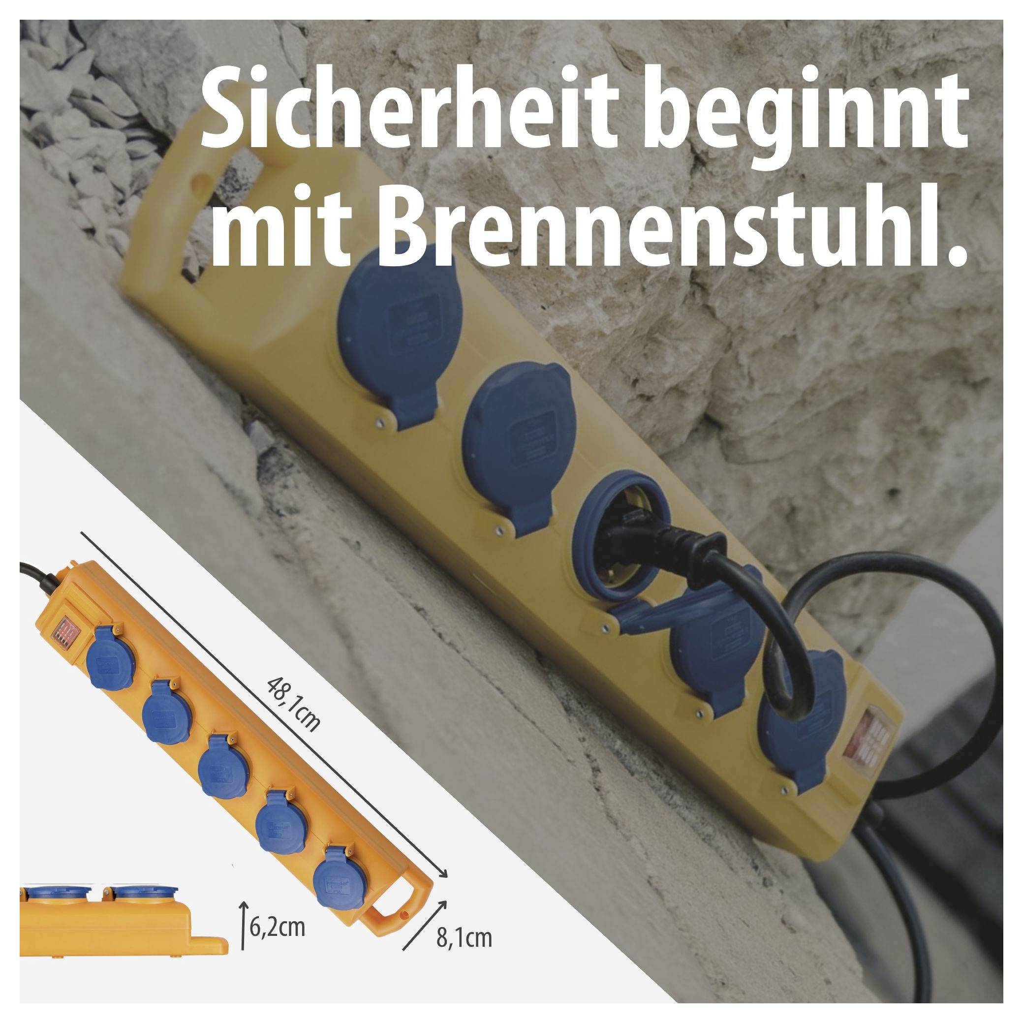 Gelbe Brennenstuhl-Steckdosenleiste im Einsatz an einer Wand; eingeblendeter Text: 'Sicherheit beginnt mit Brennenstuhl.' und Maßangaben des Produkts.