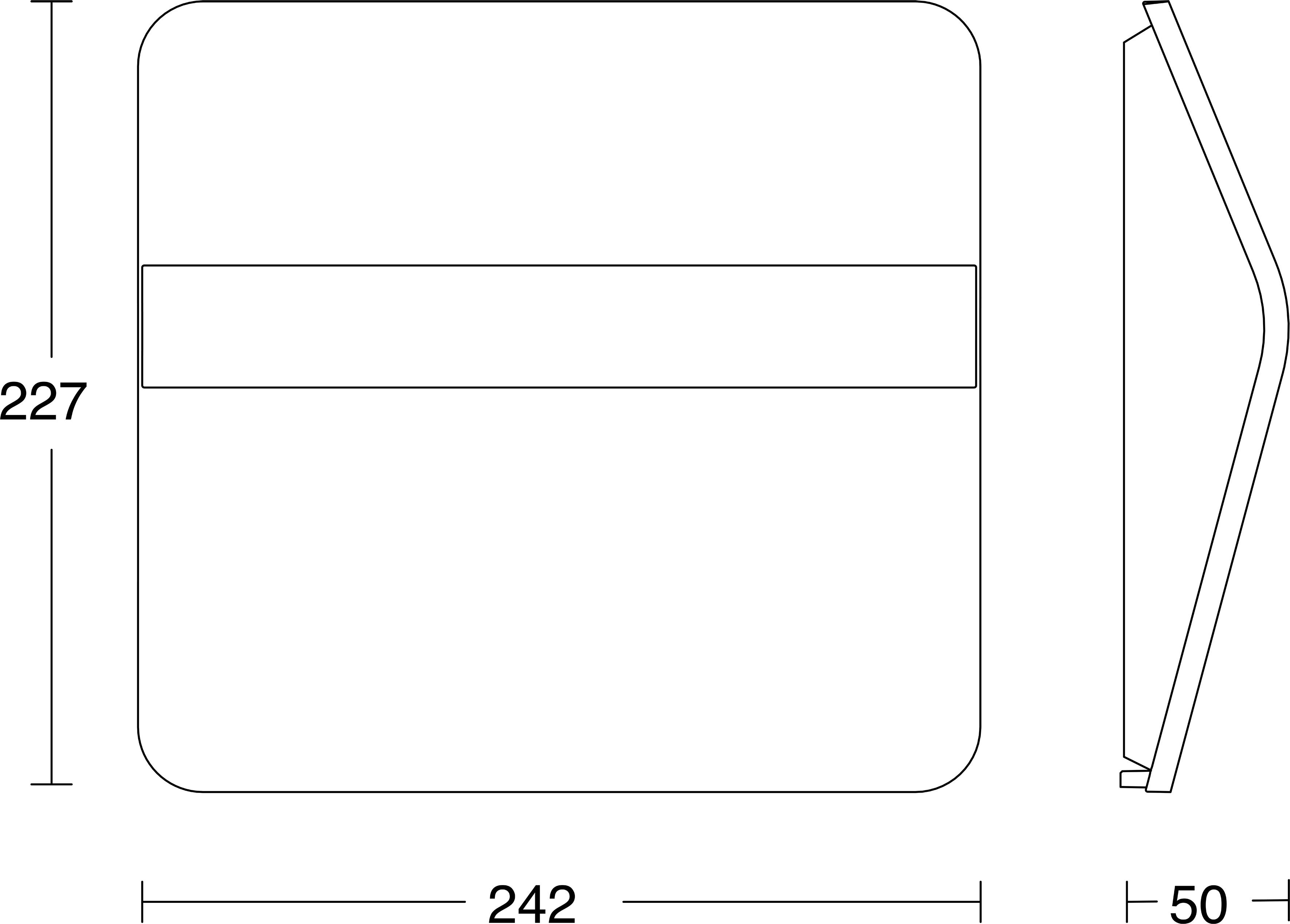Technische Zeichnung mit Maßen eines rechteckigen Panels mit abgerundeten Ecken, dargestellt in Vorder- und Seitenansicht, mit Beschriftung 227 Höhe, 242 Breite und 50 Tiefe.