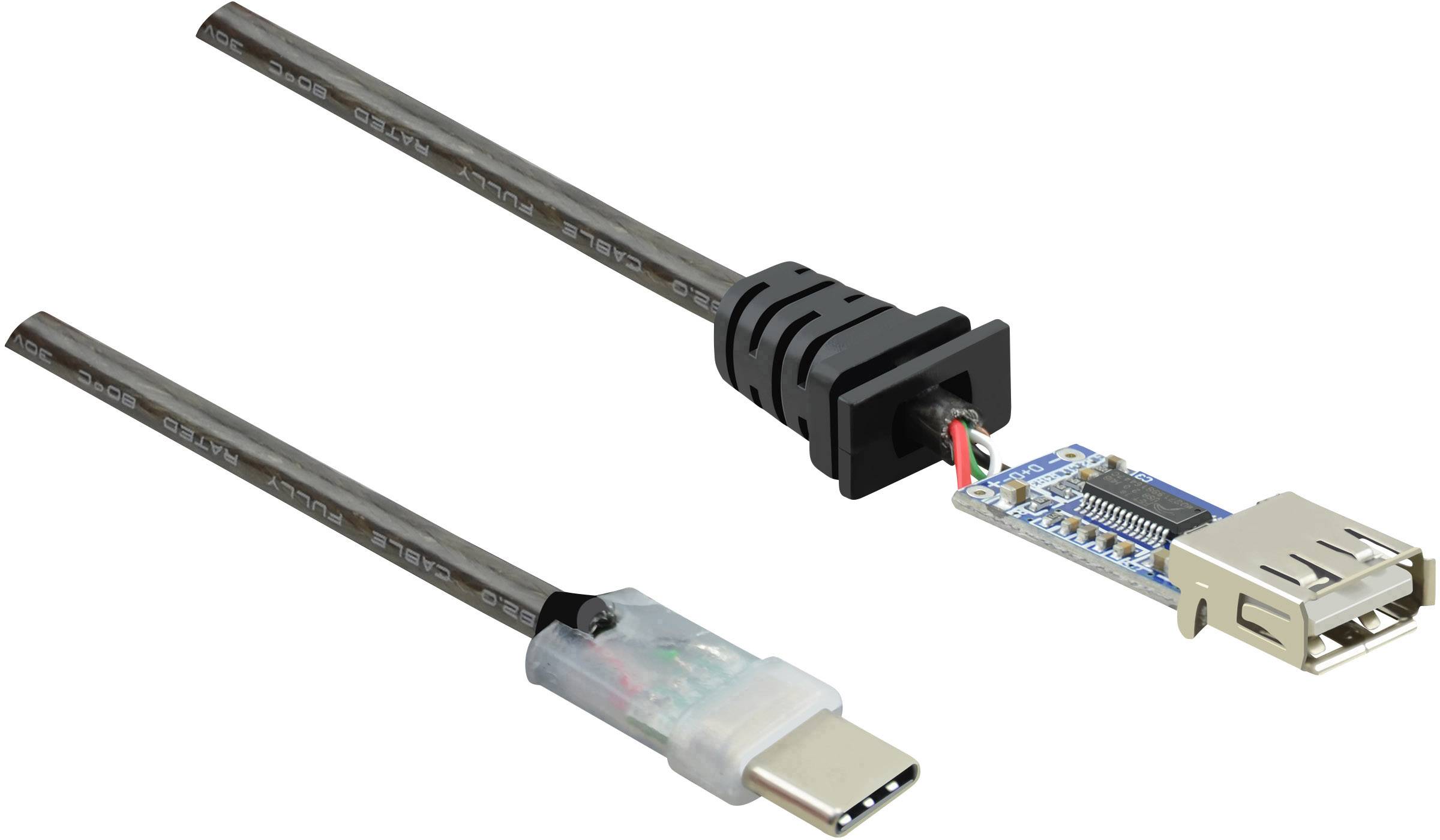 USB-C-zu-USB-A-Adapterkabel, zeigt die Anschlüsse und eine Platine für Adapterfunktionen.