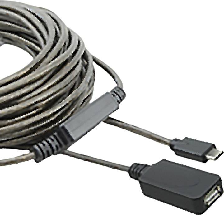 Ein langes, gewickeltes USB-Kabel mit einem USB-A- und einem USB-C-Anschluss an den Enden, auf weißem Hintergrund abgebildet.