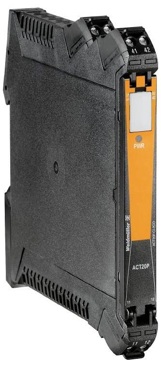 Ein schlankes, schwarzes industrielles Elektronikmodul mit der Aufschrift 'PWR' und einem orangefarbenen Streifen, das für die Montage in Steuerungspanels oder Automatisierungssystemen konzipiert ist.