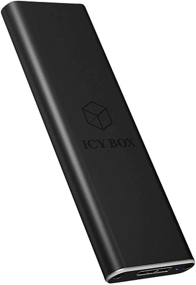 Ein schlankes, schwarzes externes Festplattengehäuse mit dem Logo 'ICY BOX' in der Mitte. Oben rechts befindet sich eine kleine blaue LED-Anzeige.