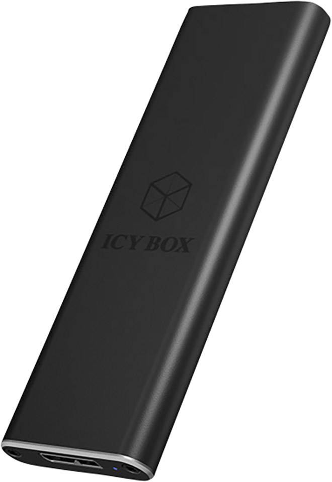 Externe schwarze Festplatten-Gehäuse mit 'ICY BOX'-Logo, rechteckig, schlankes Design.