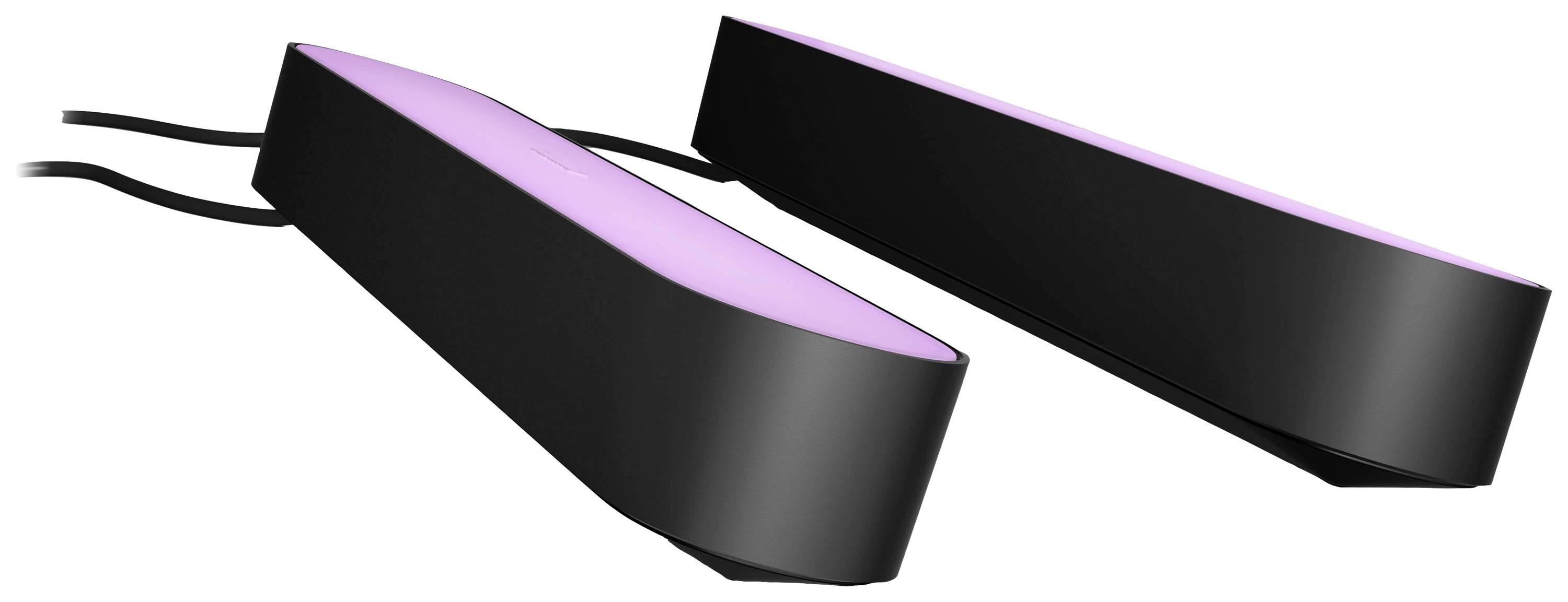 Zwei schwarze, rechteckige LED-Lampen mit lila leuchtendem Licht, nebeneinander liegend, verbunden durch Kabel.